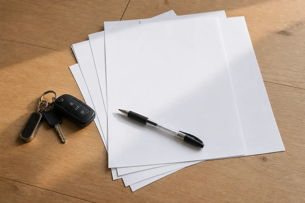 Documents administratifs et clés posés sur une table en bois pour une immatriculation de voiturette