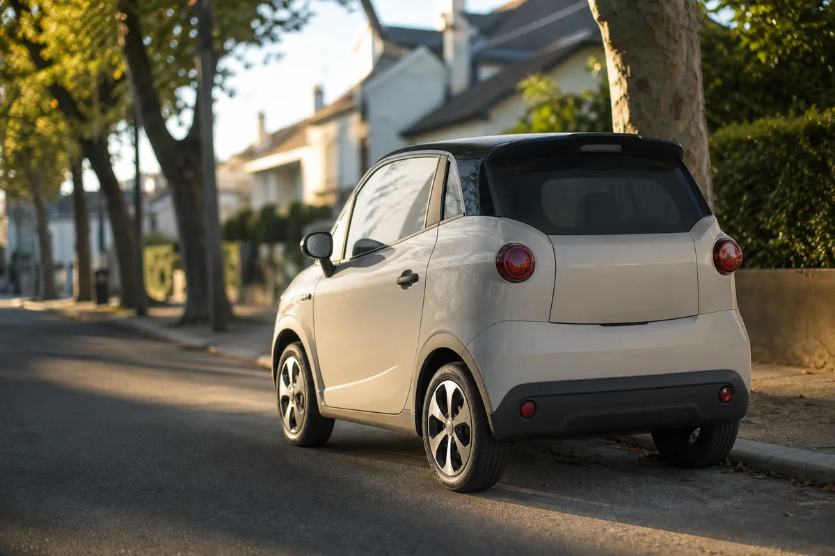 Petite voiture sans permis blanche garée le long d’un trottoir en fin de journée
