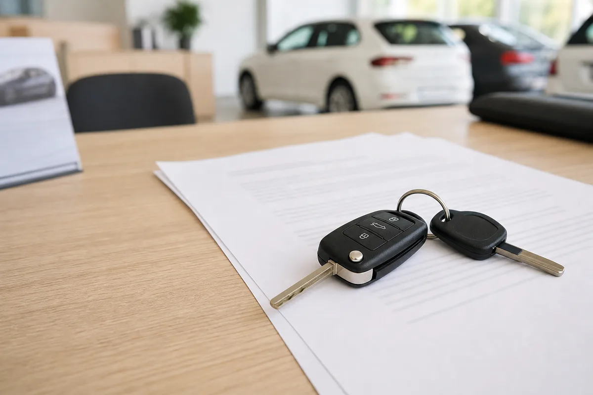 Contrat de location et clés de voiture posés sur un comptoir d&rsquo;agence