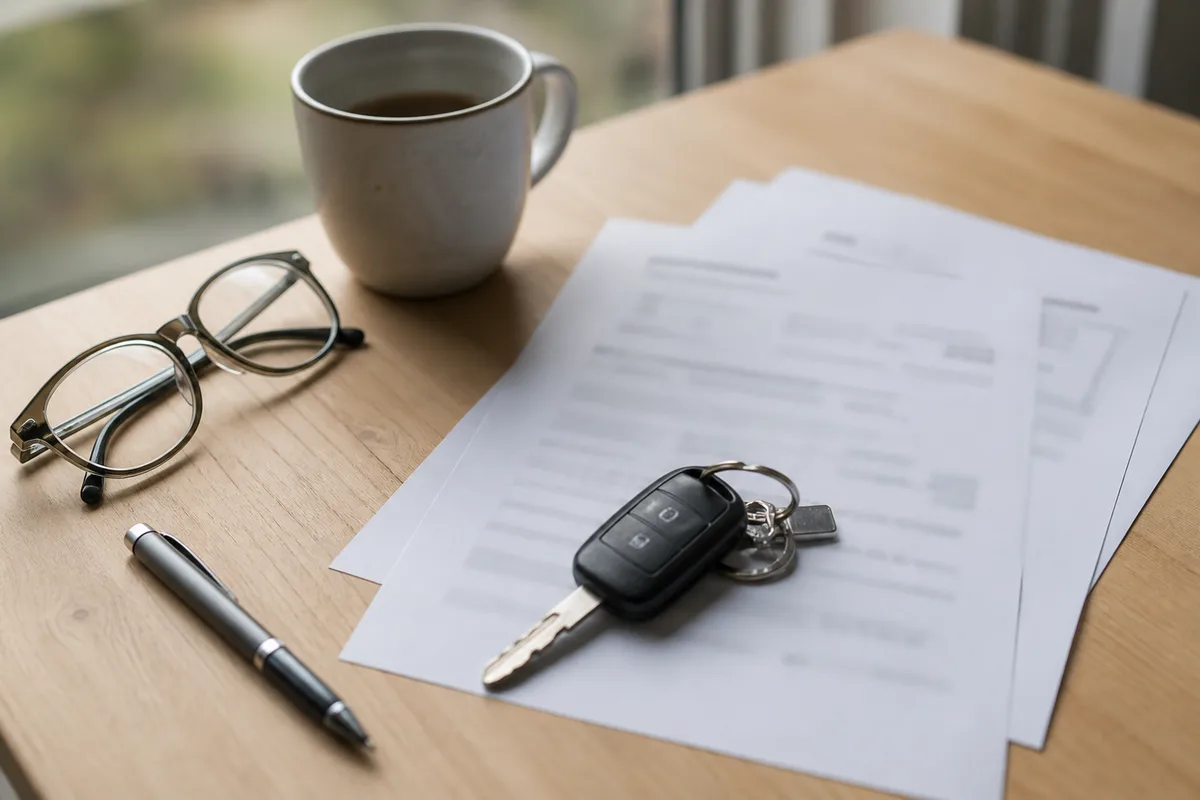 Trousseau de cles et documents d assurance poses sur une table en bois pres d une fenetre