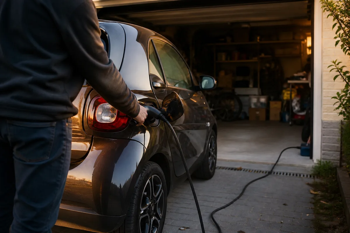 Petite voiturette electrique branchee devant un garage en fin de journee